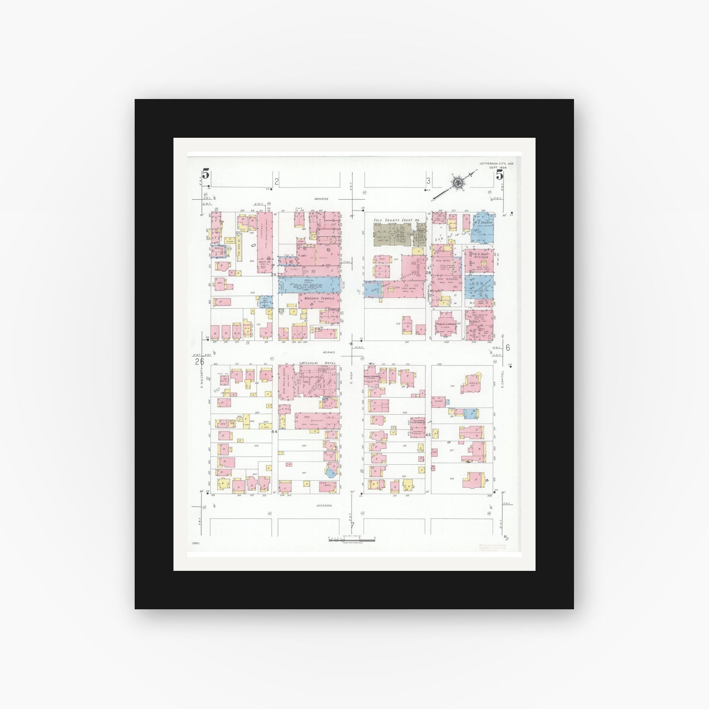 Old map wall art mockup — black gallery frame with white mat — Sanborn Fire Insurance Map from Jefferson City, Cole County, Missouri (1939), Sheet #0005