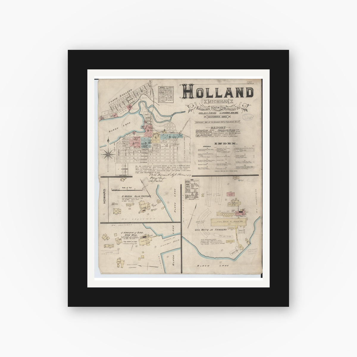 Old map wall art mockup — black gallery frame with white mat — Sanborn Fire Insurance Map from Holland, Ottawa County, Michigan (1883), Sheet #0001