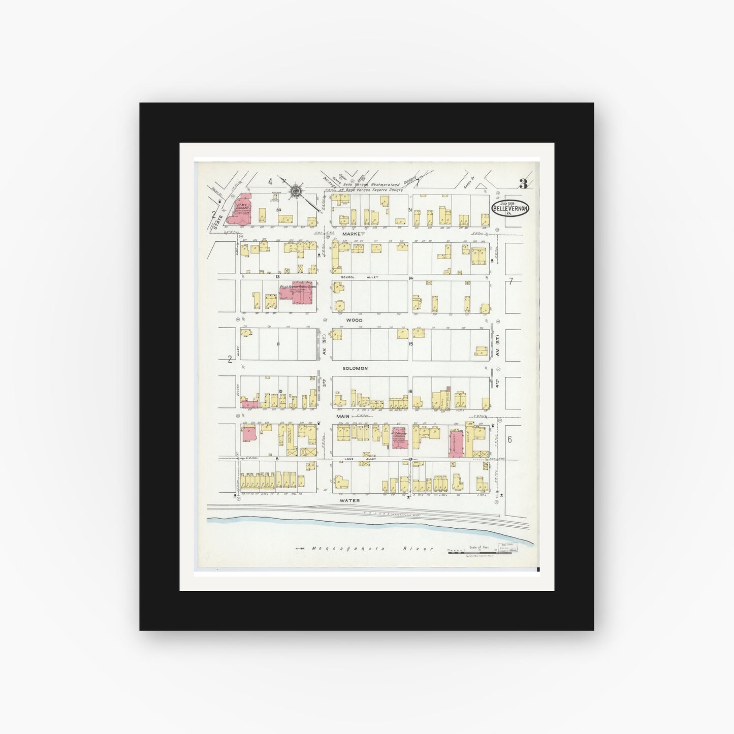Old map wall art mockup — black gallery frame with white mat — Sanborn Fire Insurance Map from Belle Vernon, Fayette County, Pennsylvania (1918), Sheet #0003