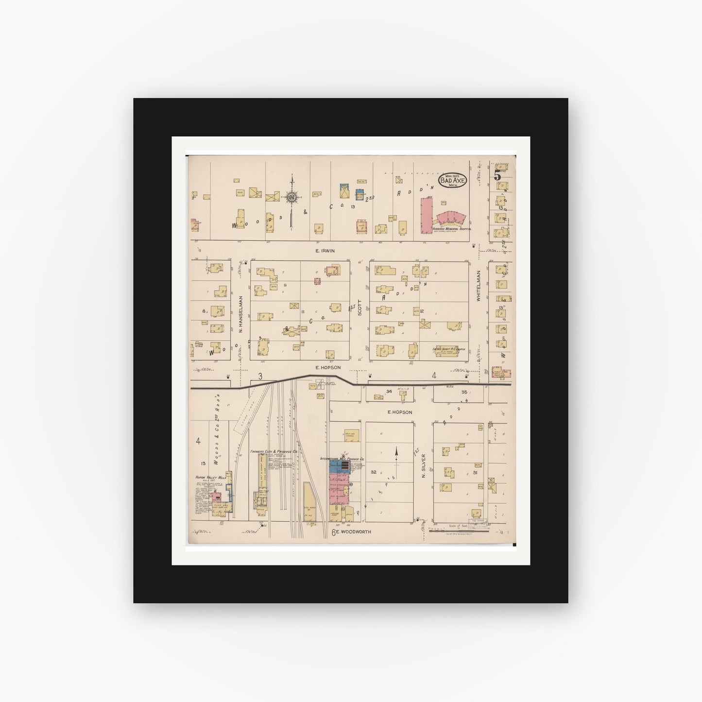 Old map wall art mockup — black gallery frame with white mat — Sanborn Fire Insurance Map from Bad Axe, Huron County, Michigan (1922), Sheet #0005