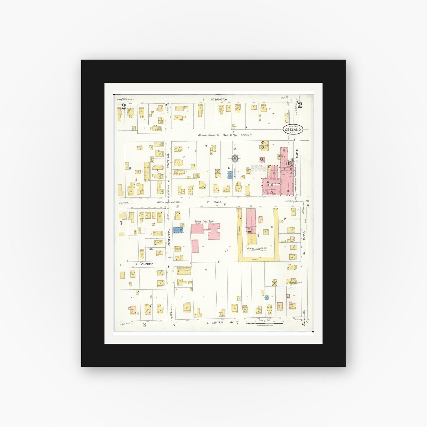 Old map wall art mockup — black gallery frame with white mat — Sanborn Fire Insurance Map from Zeeland, Ottawa County, Michigan (1923), Sheet #0002