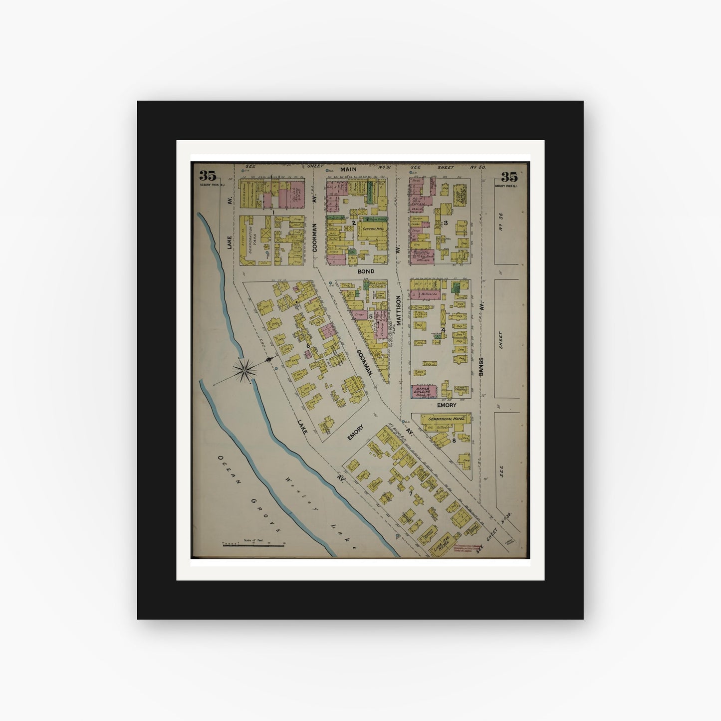 Old map wall art mockup — black gallery frame with white mat — Sanborn Fire Insurance Map from New Jersey Coast, New Jersey Coast, New Jersey (1890), Sheet #0035