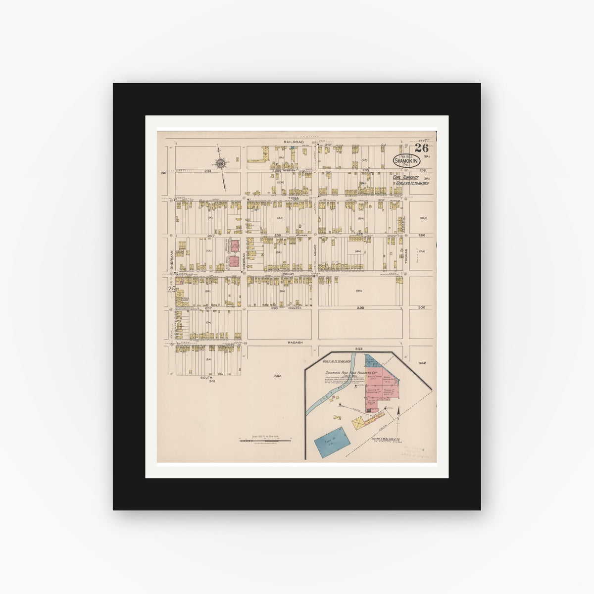 Old map wall art mockup — black gallery frame with white mat — Sanborn Fire Insurance Map from Shamokin, Northumberland County, Pennsylvania (1922), Sheet #0026