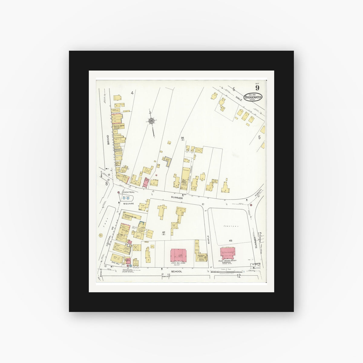 Old map wall art mockup — black gallery frame with white mat — Sanborn Fire Insurance Map from Bridgewater, Plymouth County, Massachusetts (1921), Sheet #0009