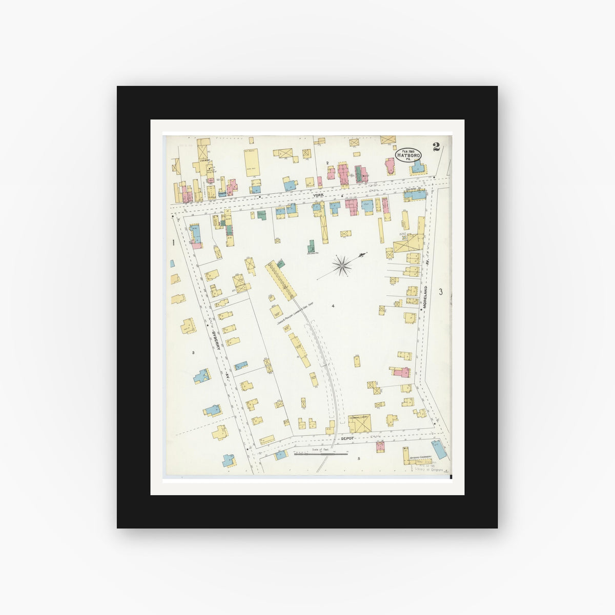 Old map wall art mockup — black gallery frame with white mat — Sanborn Fire Insurance Map from Hatboro, Montgomery County, Pennsylvania (1905), Sheet #0002