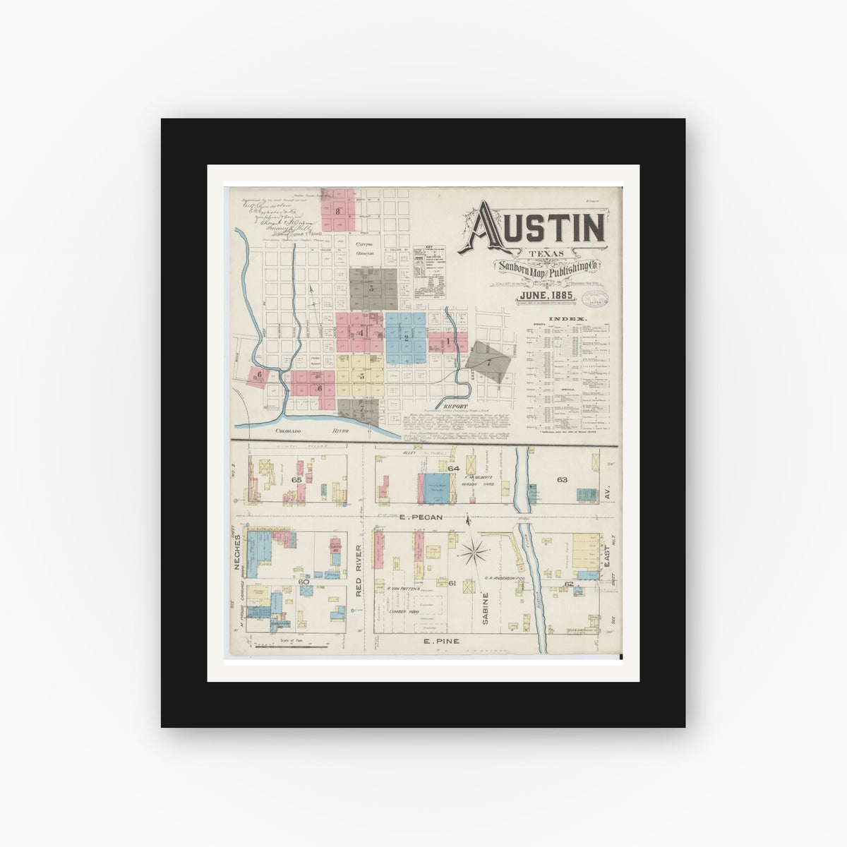 Old map wall art mockup — black gallery frame with white mat — Sanborn Fire Insurance Map from Austin, Travis County, Texas (1885), Sheet #0001