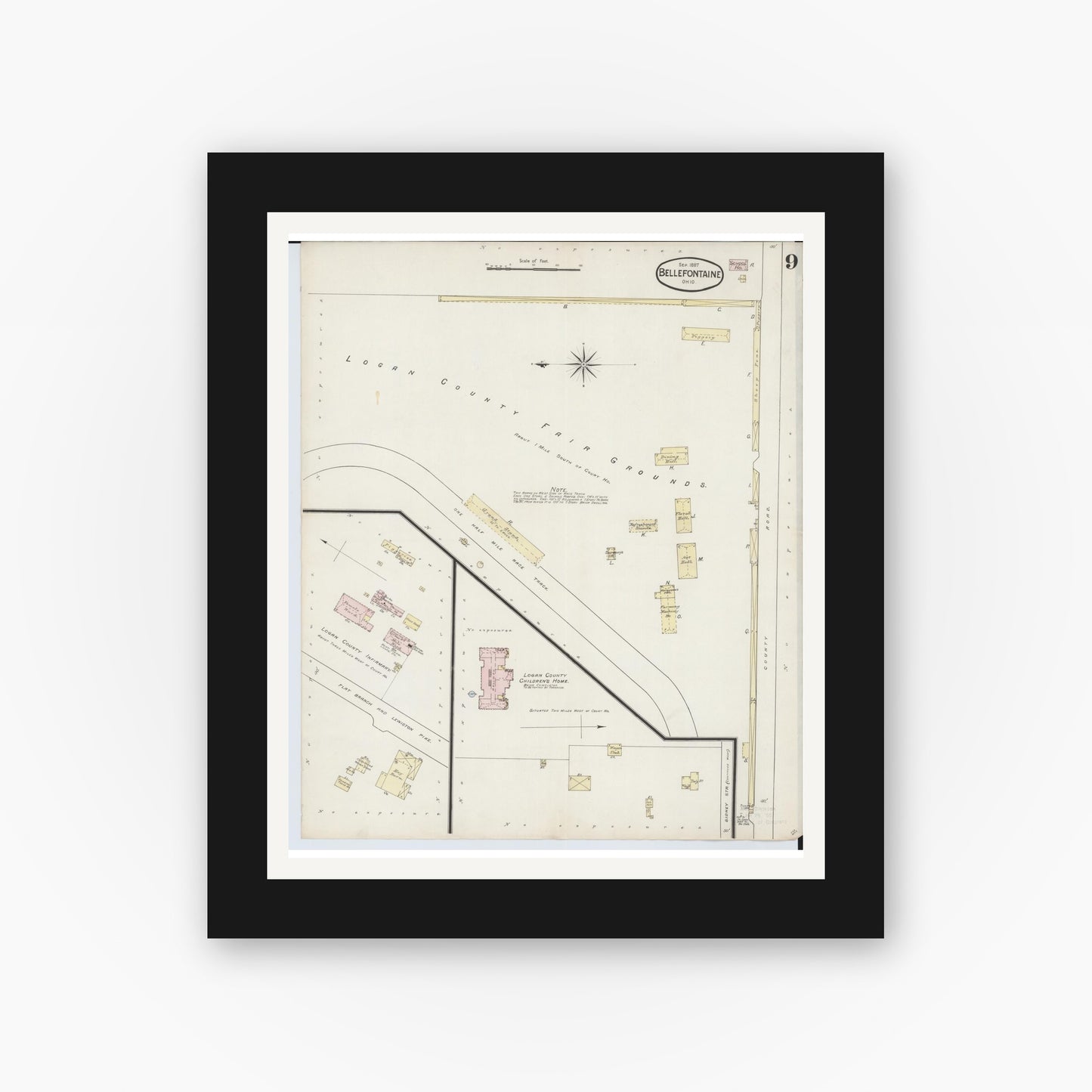Old map wall art mockup — black gallery frame with white mat — Sanborn Fire Insurance Map from Bellefontaine, Logan County, Ohio (1887), Sheet #0009