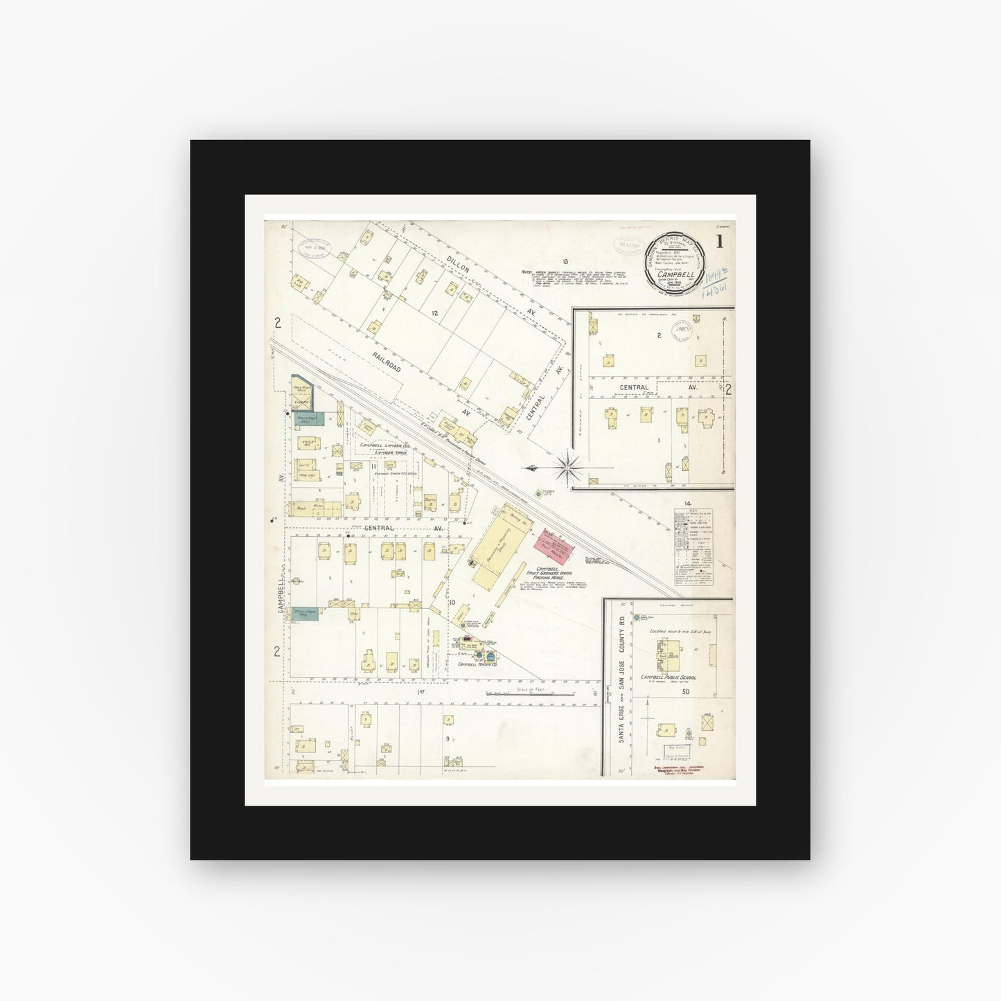Old map wall art mockup — black gallery frame with white mat — Sanborn Fire Insurance Map from Campbell, Santa Clara County, California (1899) - Complete Map Set