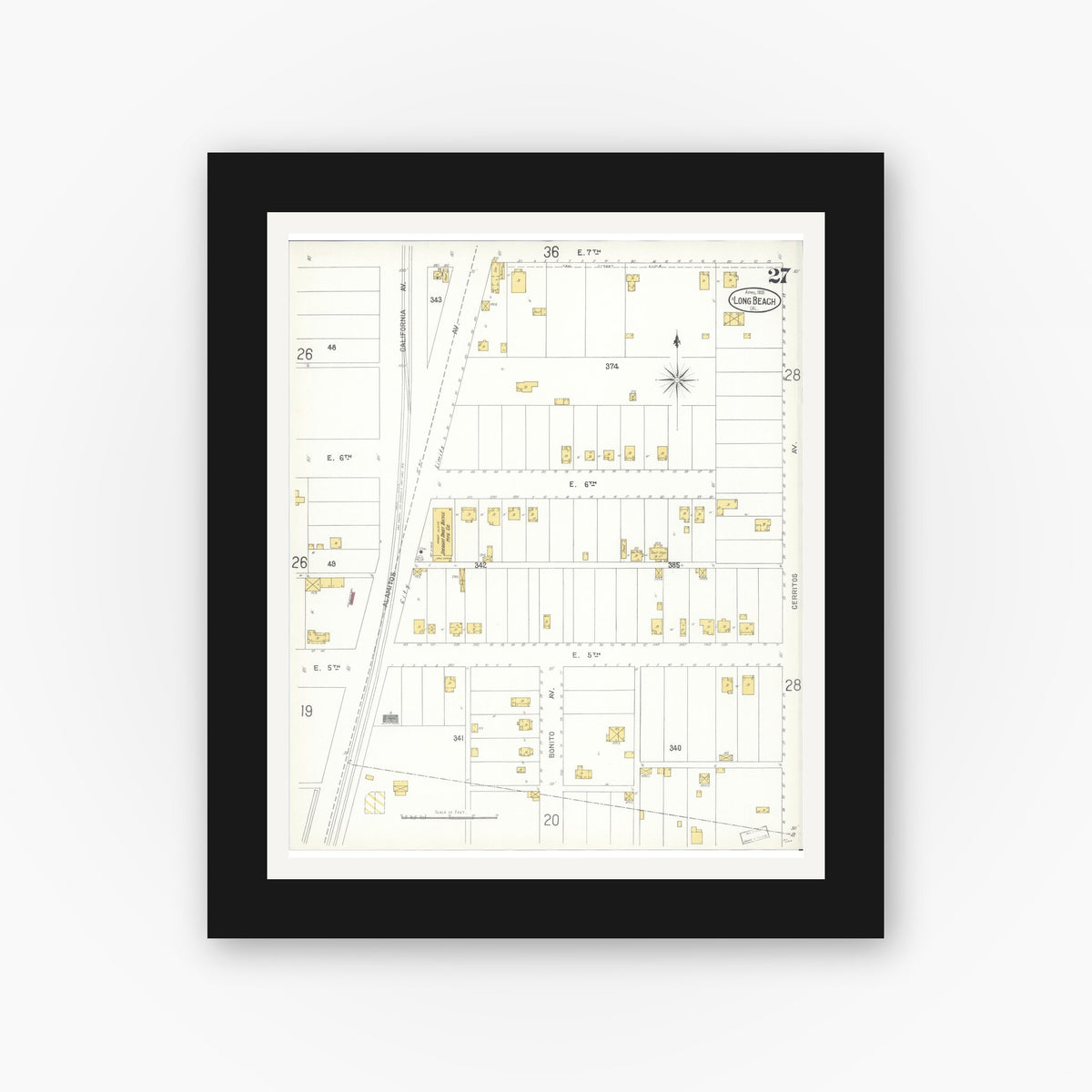 Old map wall art mockup — black gallery frame with white mat — Sanborn Fire Insurance Map from Long Beach, Los Angeles County, California (1905), Sheet #0027