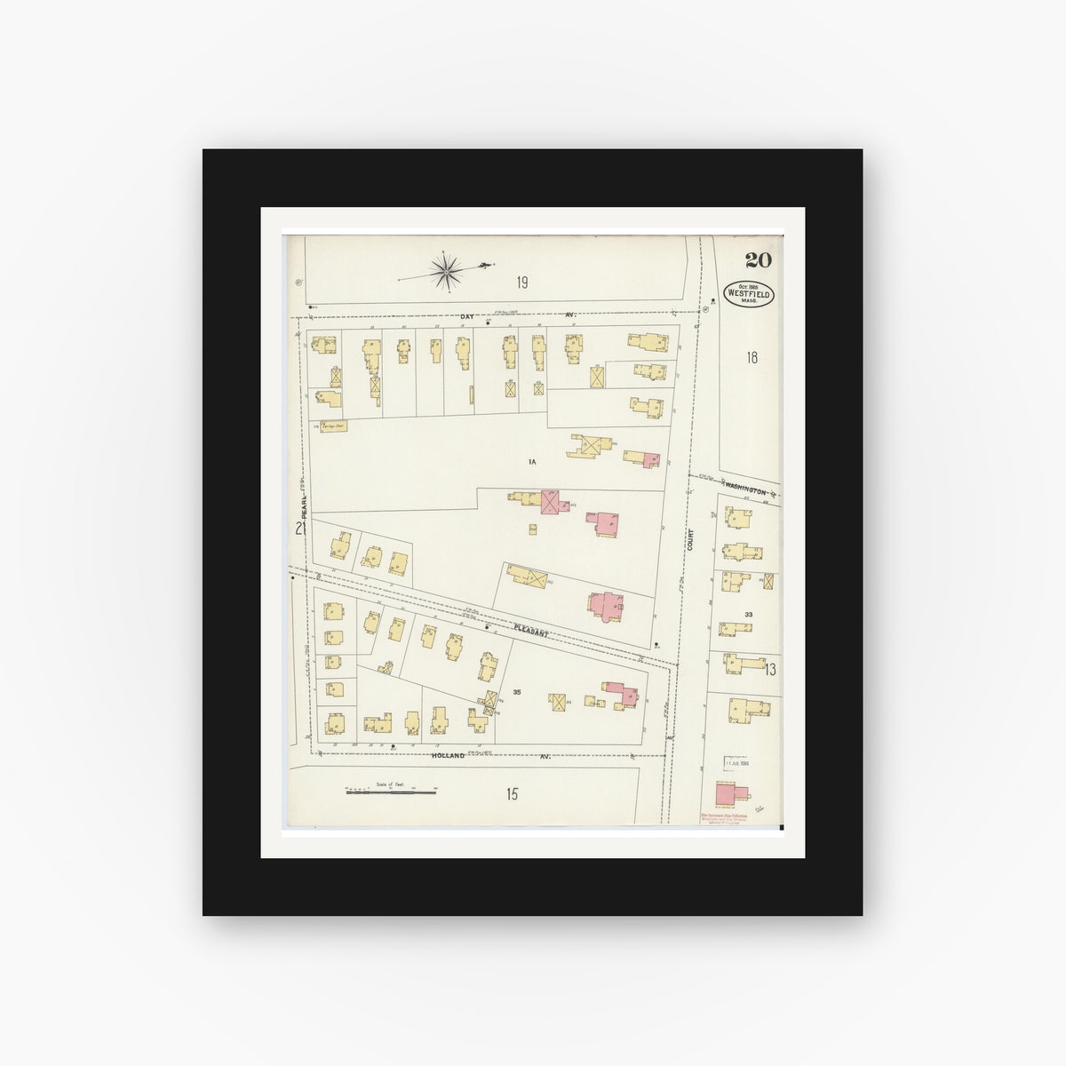 Old map wall art mockup — black gallery frame with white mat — Sanborn Fire Insurance Map from Westfield, Hampden County, Massachusetts (1905), Sheet #0020