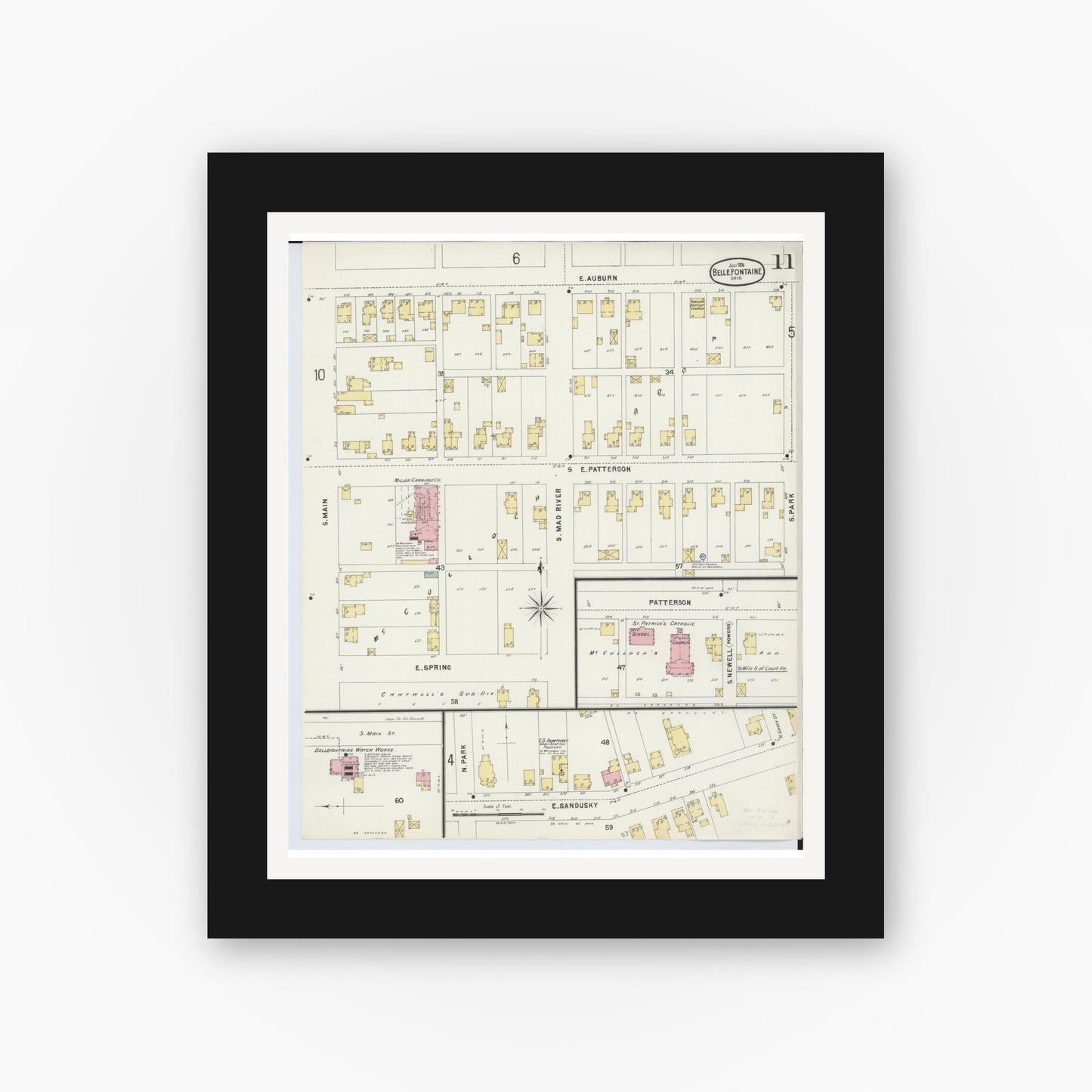 Old map wall art mockup — black gallery frame with white mat — Sanborn Fire Insurance Map from Bellefontaine, Logan County, Ohio (1896), Sheet #0011