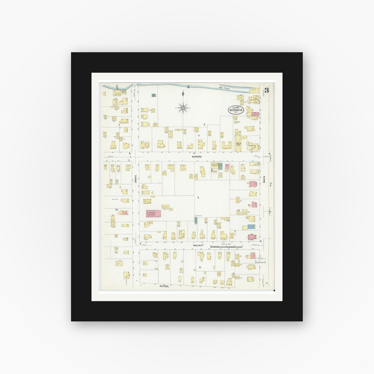 Old map wall art mockup — black gallery frame with white mat — Sanborn Fire Insurance Map from Moravia, Cayuga County, New York (1908), Sheet #0003