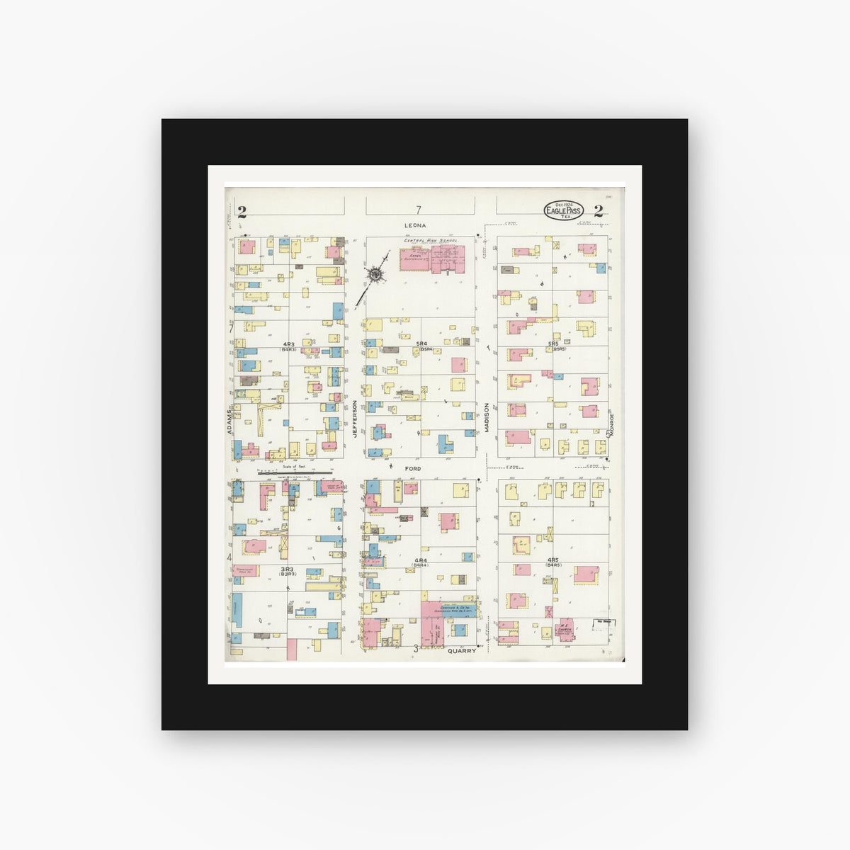 Old map wall art mockup — black gallery frame with white mat — Sanborn Fire Insurance Map from Eagle Pass, Maverick County, Texas (1924), Sheet #0002