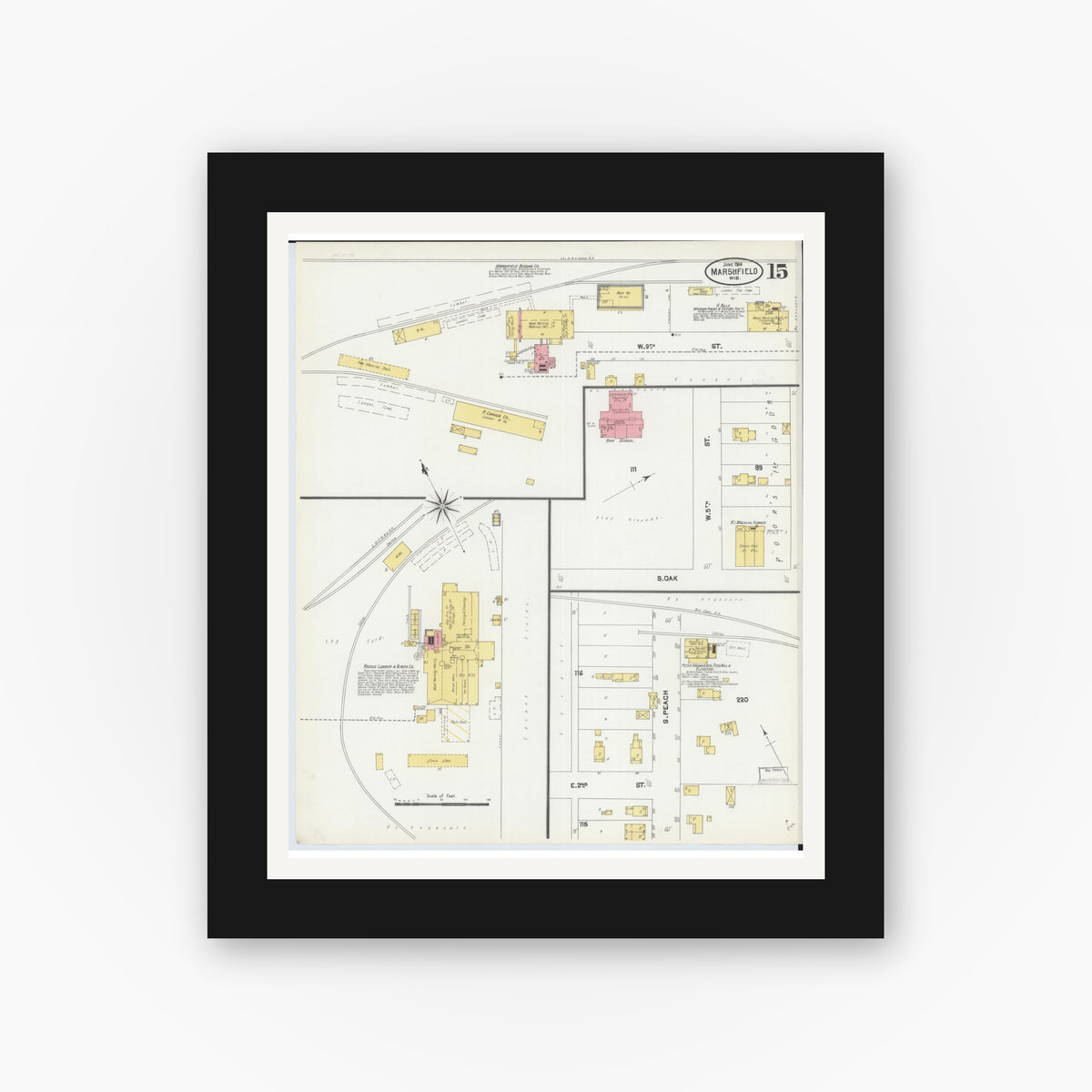 Old map wall art mockup — black gallery frame with white mat — Sanborn Fire Insurance Map from Marshfield, Wood County, Wisconsin (1904), Sheet #0015