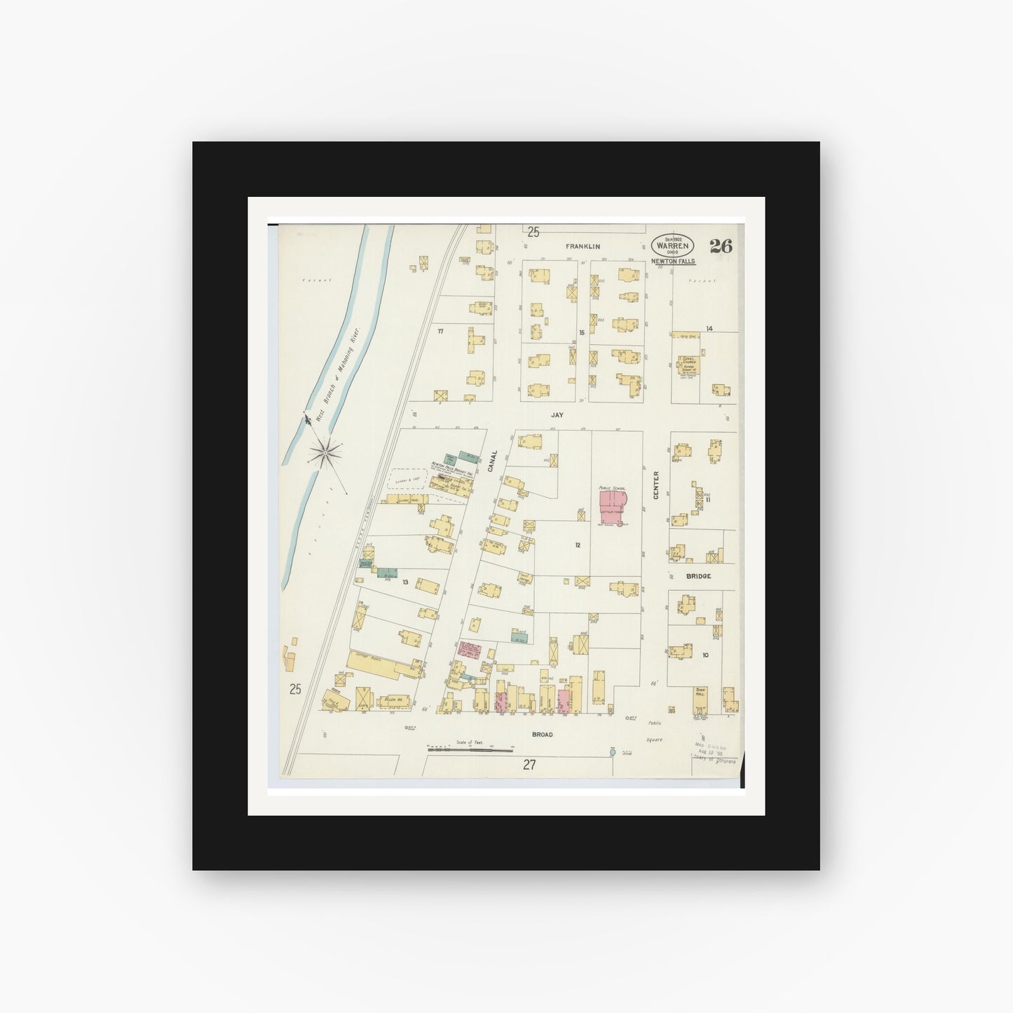 Old map wall art mockup — black gallery frame with white mat — Sanborn Fire Insurance Map from Warren, Trumbull County, Ohio (1902), Sheet #0026