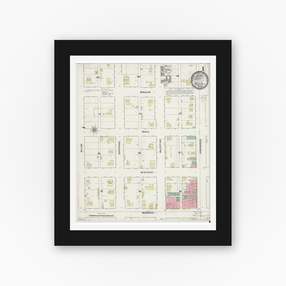 Old map wall art mockup — black gallery frame with white mat — Sanborn Fire Insurance Map from Mexia, Limestone County, Texas (1891), Sheet #0001