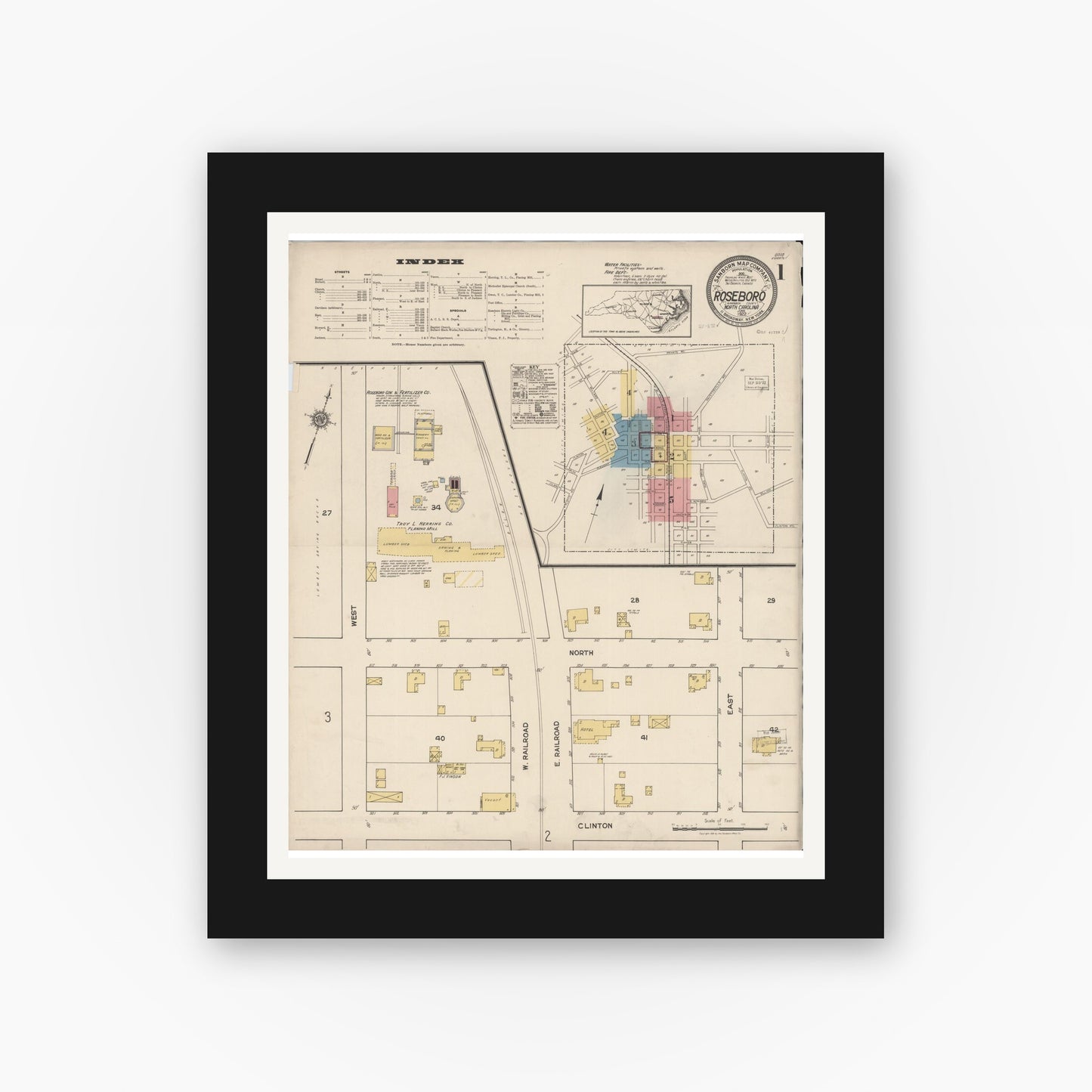 Old map wall art mockup — black gallery frame with white mat — Sanborn Fire Insurance Map from Roseboro, Sampson County, North Carolina (1922) - Complete Map Set