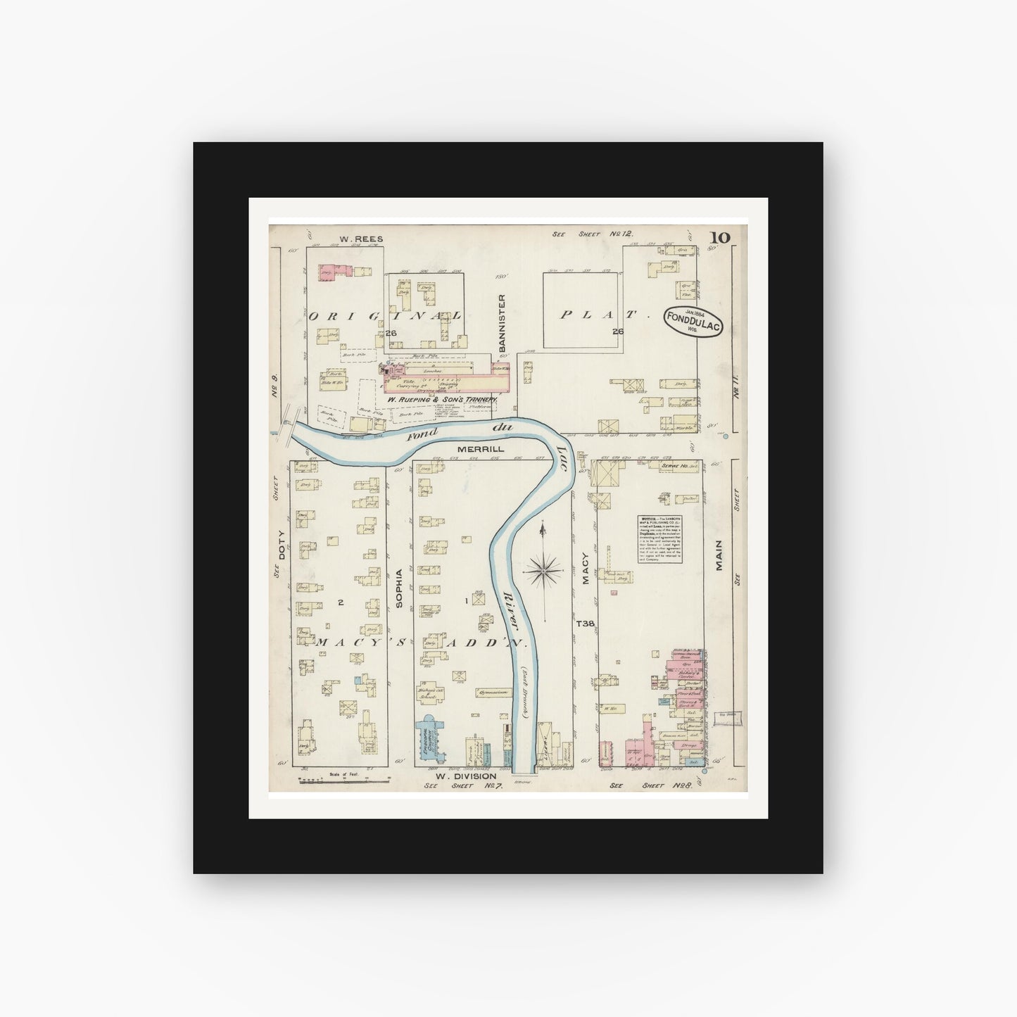 Old map wall art mockup — black gallery frame with white mat — Sanborn Fire Insurance Map from Fond du Lac, Fond du Lac County, Wisconsin (1884), Sheet #0010