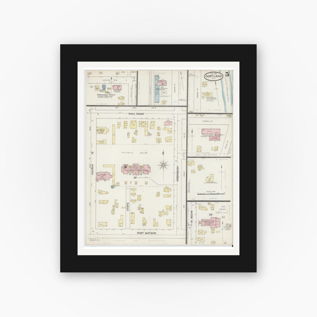 Old map wall art mockup — black gallery frame with white mat — Sanborn Fire Insurance Map from Cortland, Cortland County, New York (1887), Sheet #0005