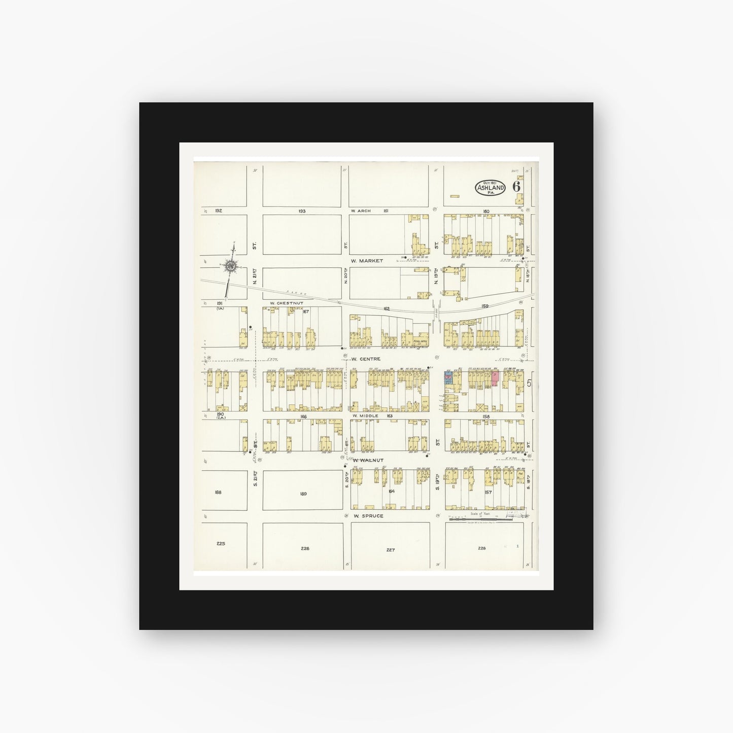 Old map wall art mockup — black gallery frame with white mat — Sanborn Fire Insurance Map from Ashland, Schuylkill County, Pennsylvania (1921), Sheet #0006