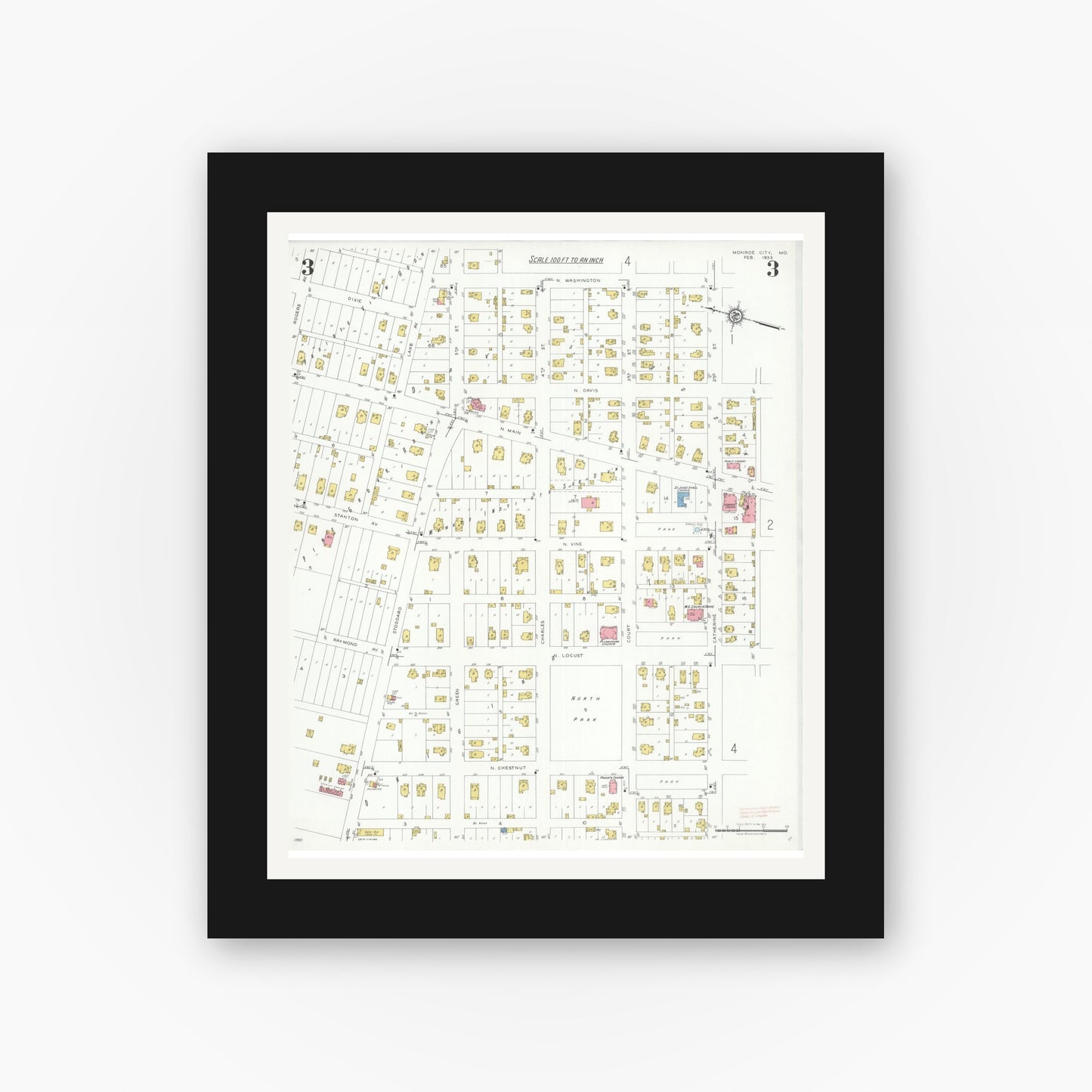 Old map wall art mockup — black gallery frame with white mat — Sanborn Fire Insurance Map from Monroe City, Monroe County, Missouri (1933), Sheet #0003