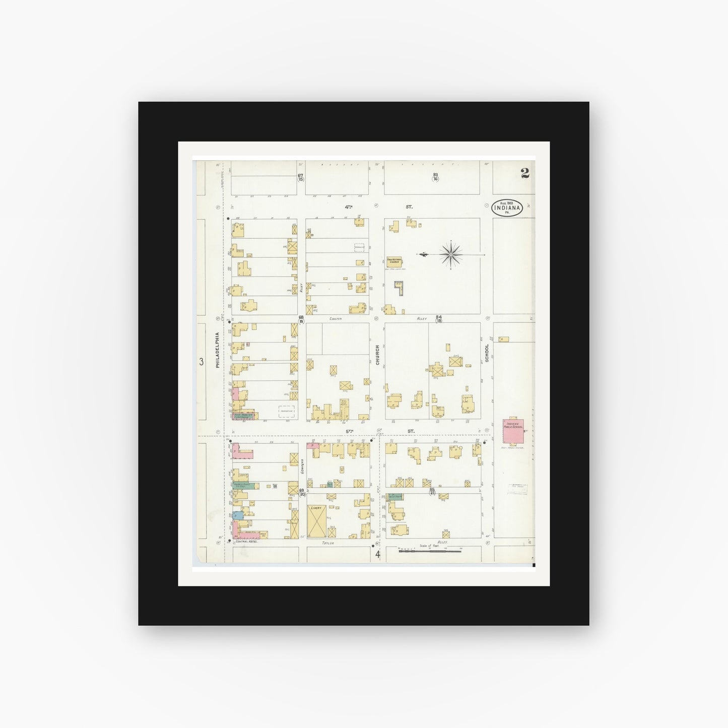 Old map wall art mockup — black gallery frame with white mat — Sanborn Fire Insurance Map from Indiana, Indiana County, Pennsylvania (1903), Sheet #0002