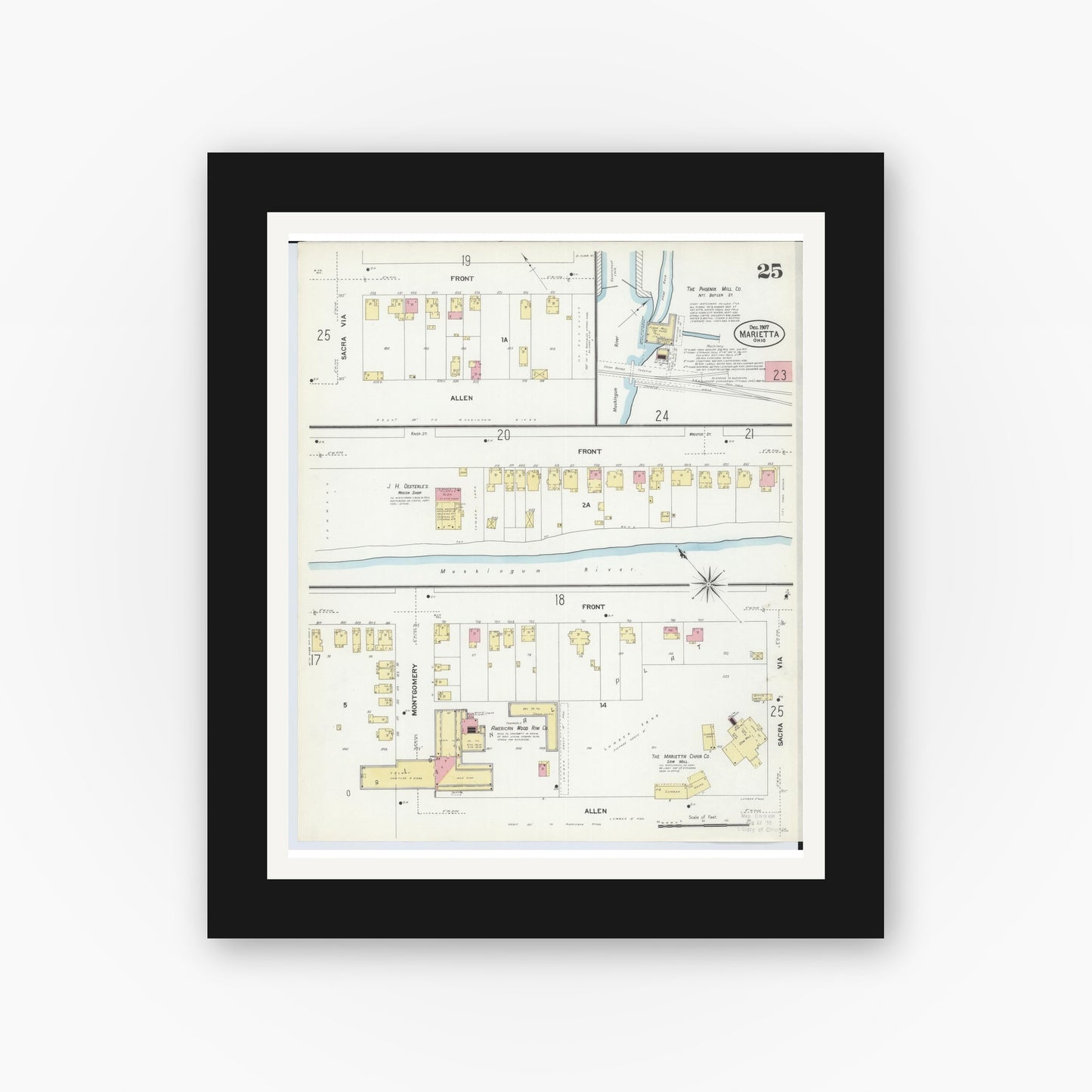 Old map wall art mockup — black gallery frame with white mat — Sanborn Fire Insurance Map from Marietta, Washington County, Ohio (1907), Sheet #0025