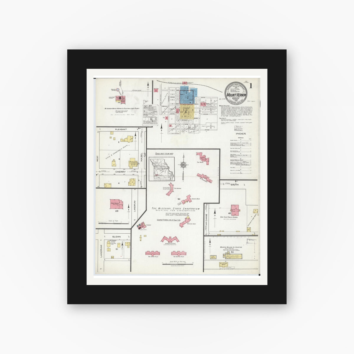 Old map wall art mockup — black gallery frame with white mat — Sanborn Fire Insurance Map from Mount Vernon, Lawrence County, Missouri (1918) - Complete Map Set