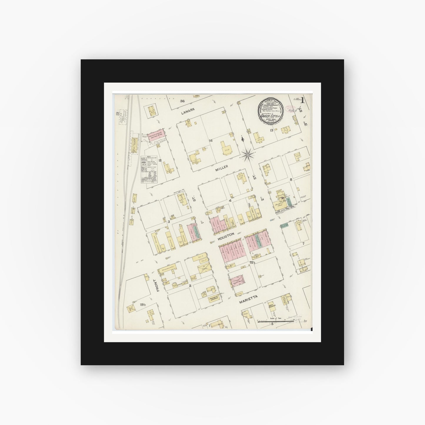 Old map wall art mockup — black gallery frame with white mat — Sanborn Fire Insurance Map from Queen City, Cass County, Texas (1890), Sheet #0001