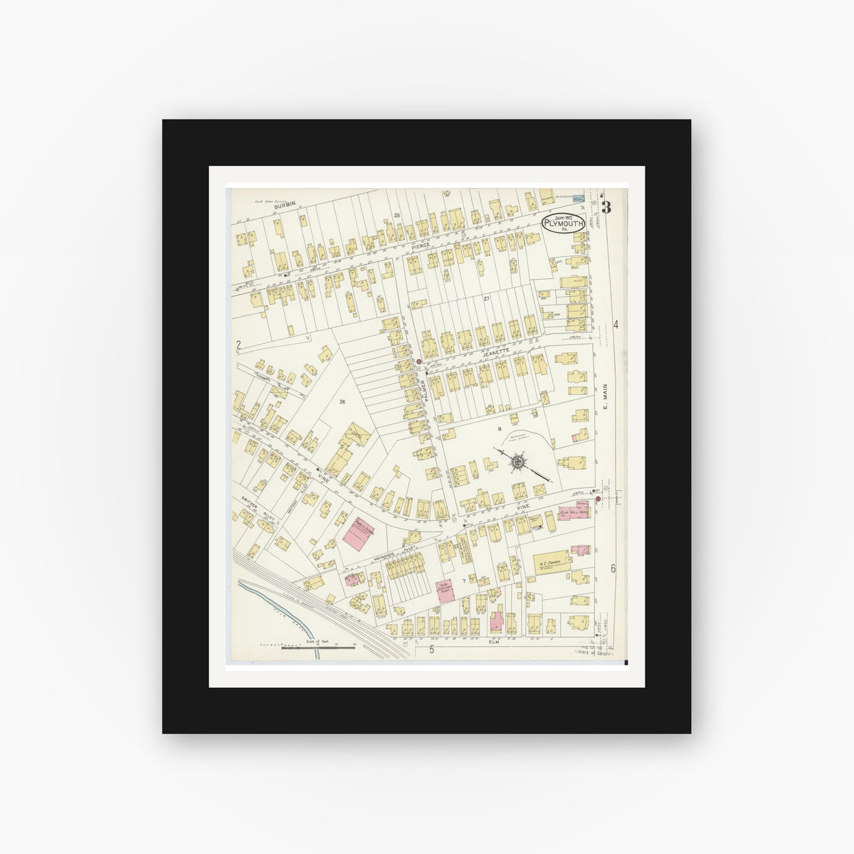 Old map wall art mockup — black gallery frame with white mat — Sanborn Fire Insurance Map from Plymouth, Luzerne County, Pennsylvania (1912), Sheet #0003