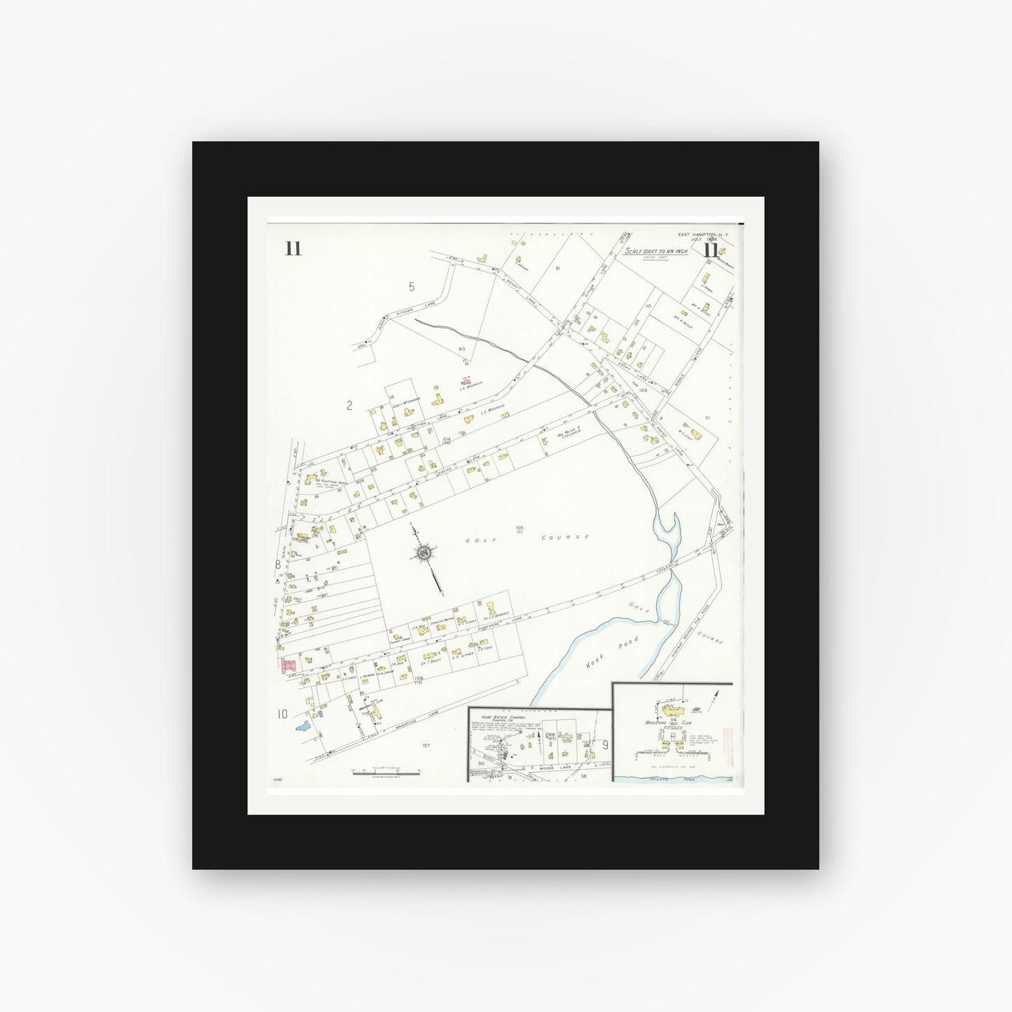 Old map wall art mockup — black gallery frame with white mat — Sanborn Fire Insurance Map from Easthampton, Suffolk County, New York (1936), Sheet #0011