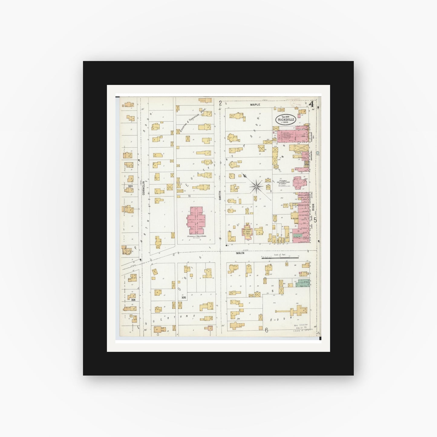 Old map wall art mockup — black gallery frame with white mat — Sanborn Fire Insurance Map from Hicksville, Defiance County, Ohio (1899), Sheet #0004