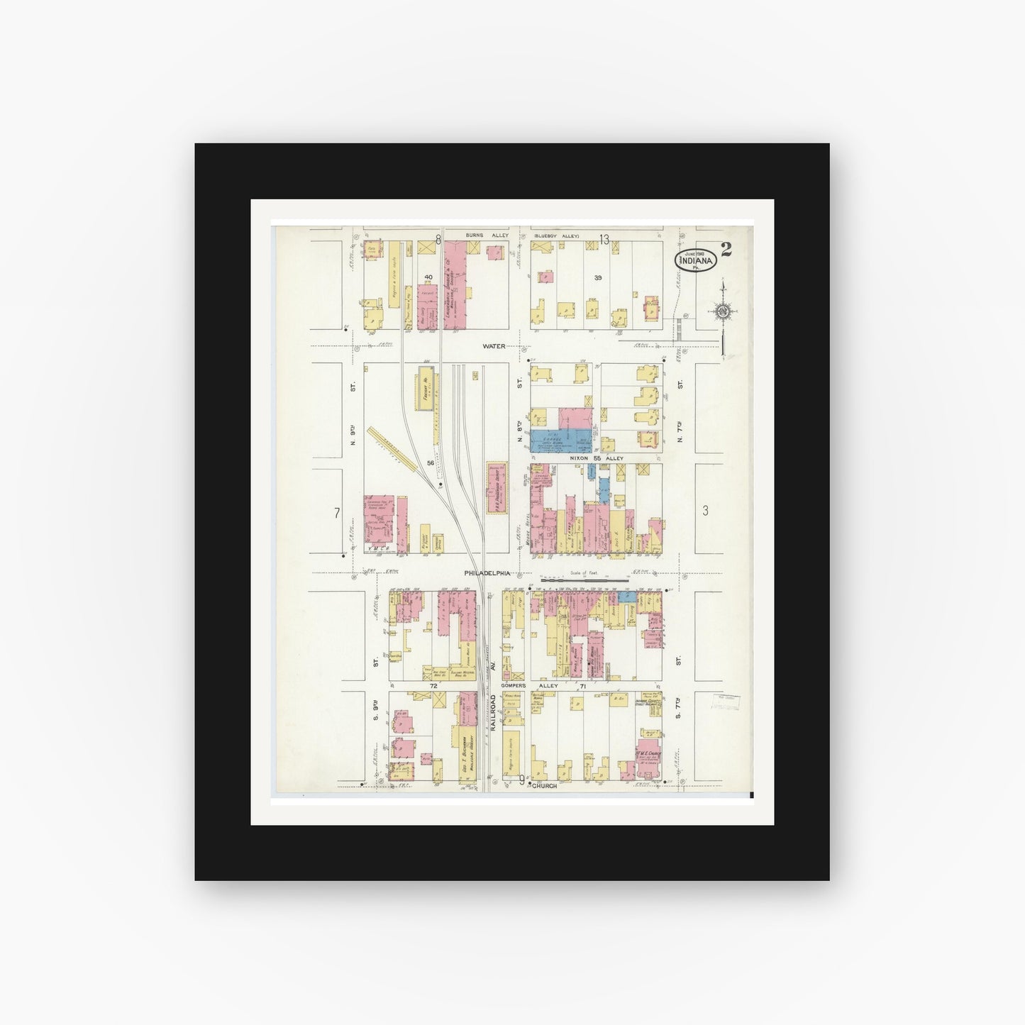 Old map wall art mockup — black gallery frame with white mat — Sanborn Fire Insurance Map from Indiana, Indiana County, Pennsylvania (1916), Sheet #0002