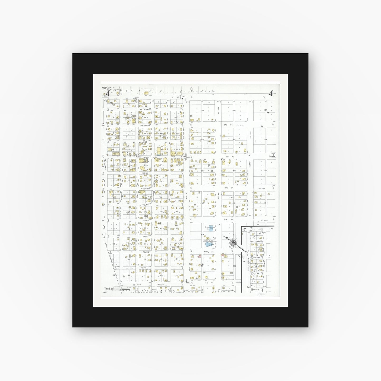 Old map wall art mockup — black gallery frame with white mat — Sanborn Fire Insurance Map from Asherton, Dimmit County, Texas (1951), Sheet #0004