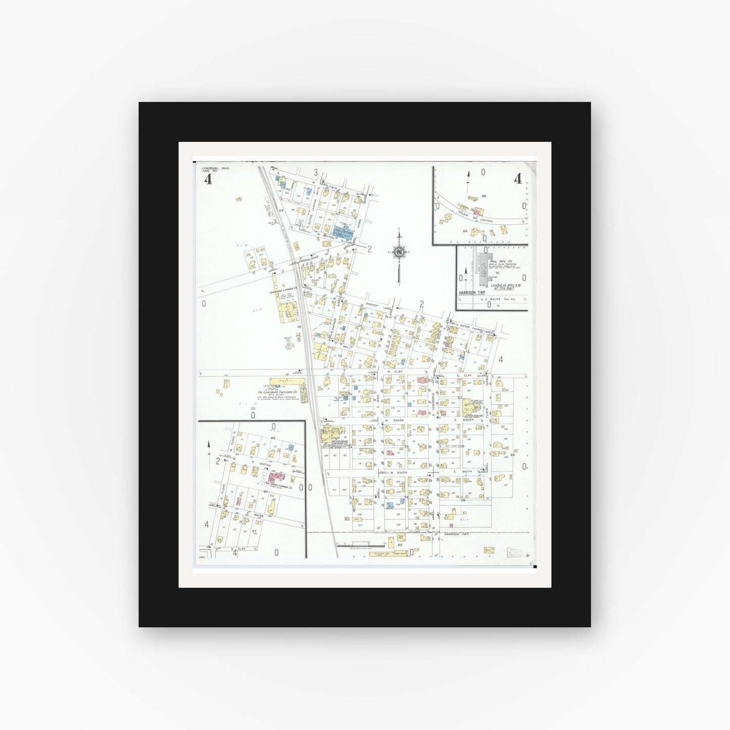 Old map wall art mockup — black gallery frame with white mat — Sanborn Fire Insurance Map from Lewisburg, Preble County, Ohio (1951), Sheet #0004