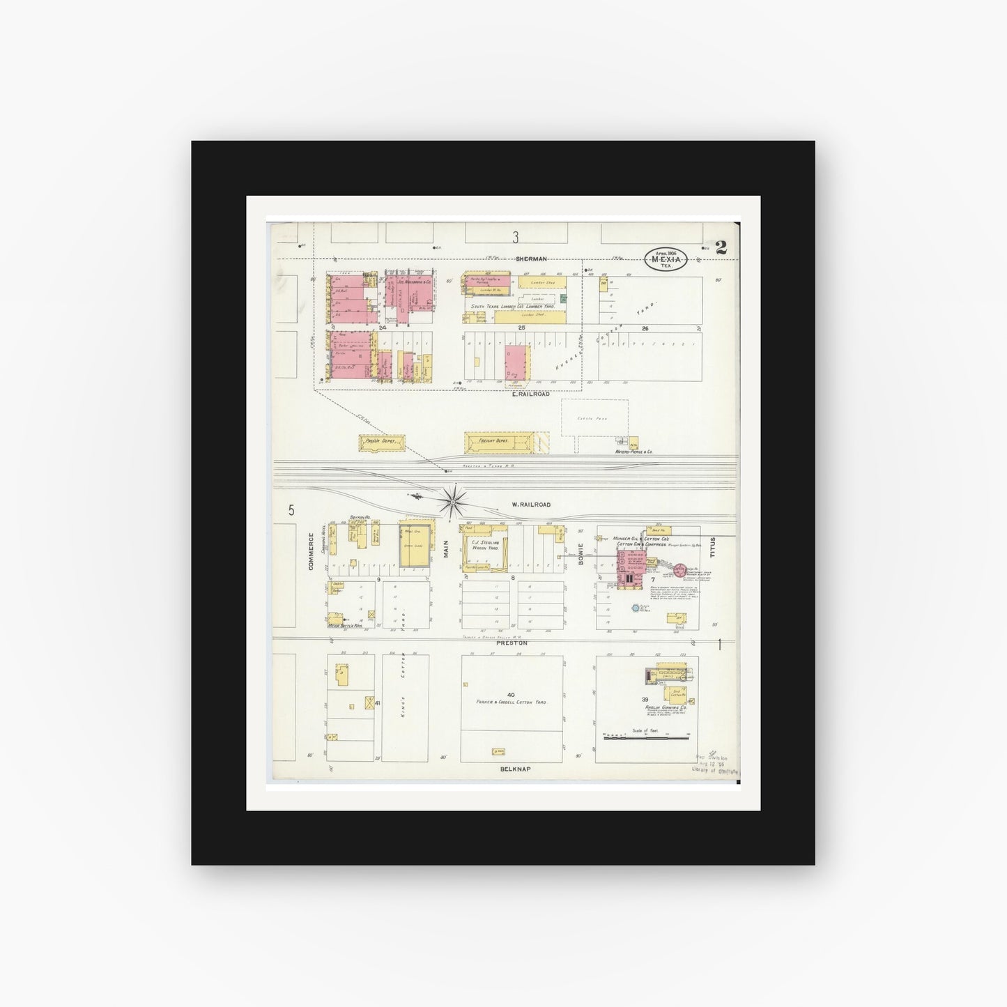 Old map wall art mockup — black gallery frame with white mat — Sanborn Fire Insurance Map from Mexia, Limestone County, Texas (1906), Sheet #0002