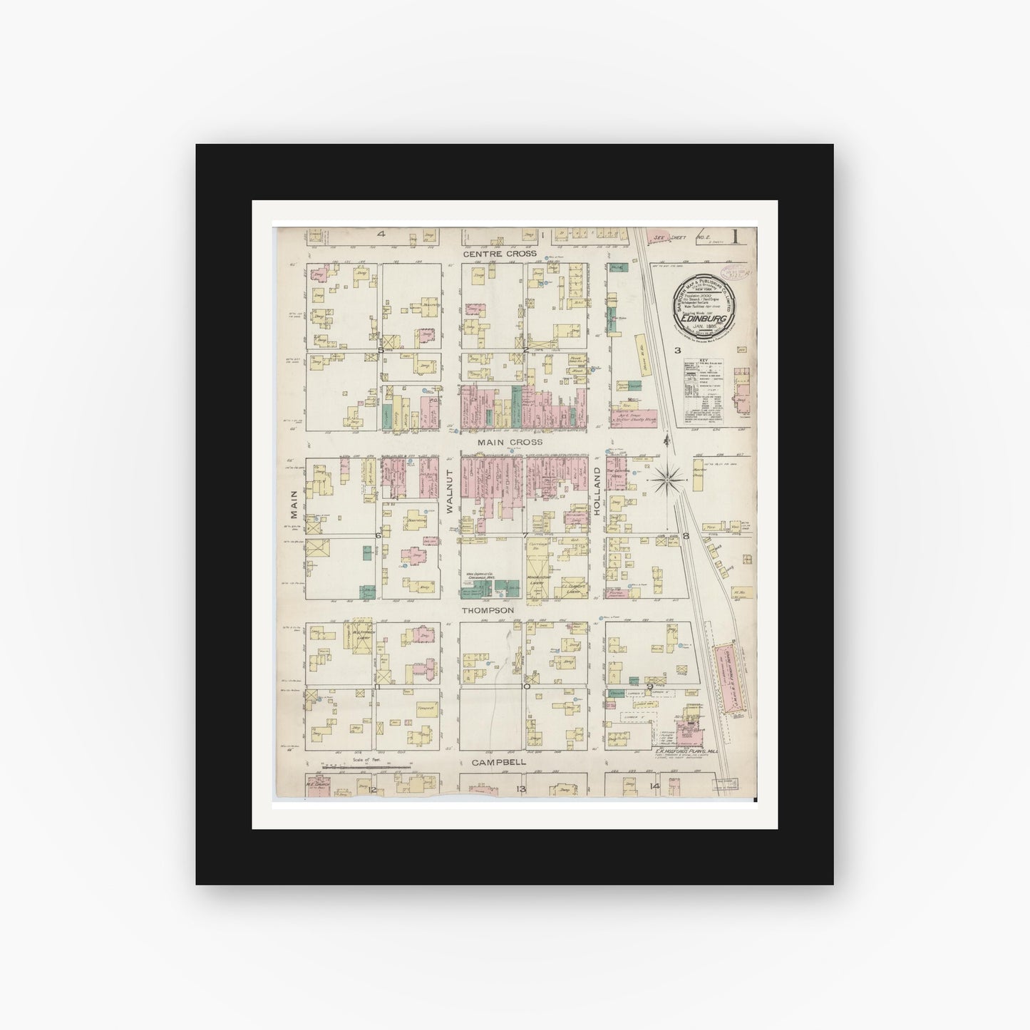 Old map wall art mockup — black gallery frame with white mat — Sanborn Fire Insurance Map from Edinburg, Johnson And Bartholomew Counties, Indiana (1886) - Complete Map Set
