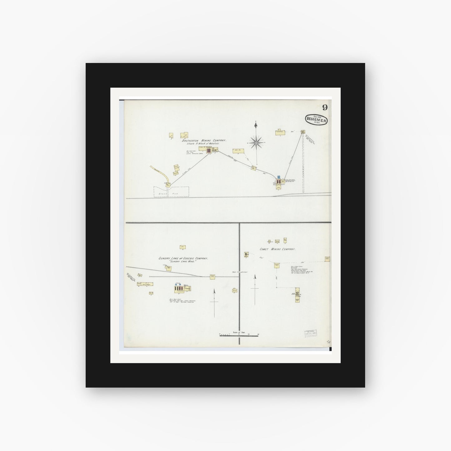 Old map wall art mockup — black gallery frame with white mat — Sanborn Fire Insurance Map from Bessemer, Gogebic County, Michigan (1891), Sheet #0009