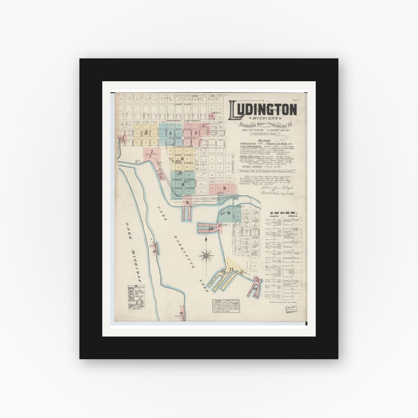Old map wall art mockup — black gallery frame with white mat — Sanborn Fire Insurance Map from Ludington, Mason County, Michigan (1883) - Complete Map Set