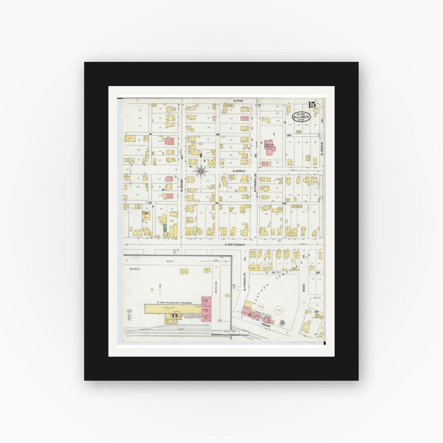 Old map wall art mockup — black gallery frame with white mat — Sanborn Fire Insurance Map from Alliance, Stark County, Ohio (1904), Sheet #0015