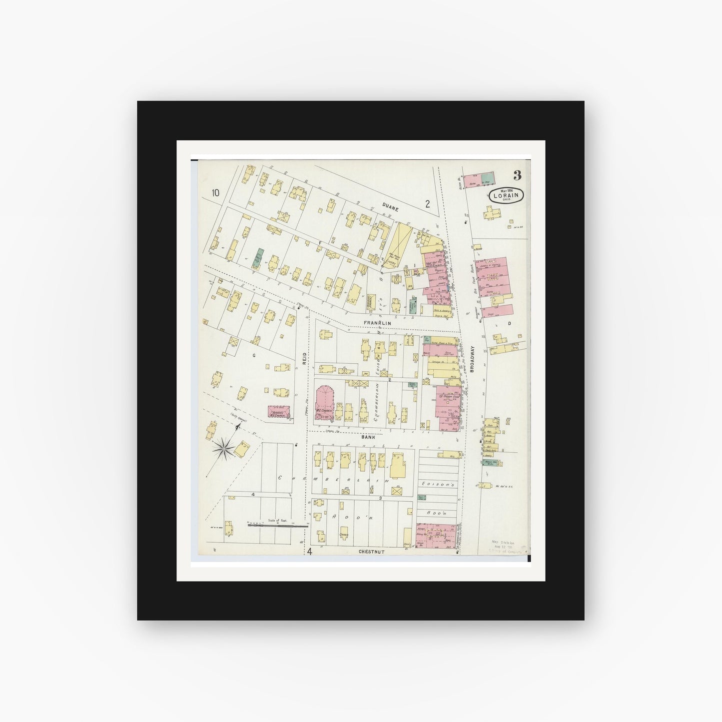Old map wall art mockup — black gallery frame with white mat — Sanborn Fire Insurance Map from Lorain, Lorain County, Ohio (1896), Sheet #0003
