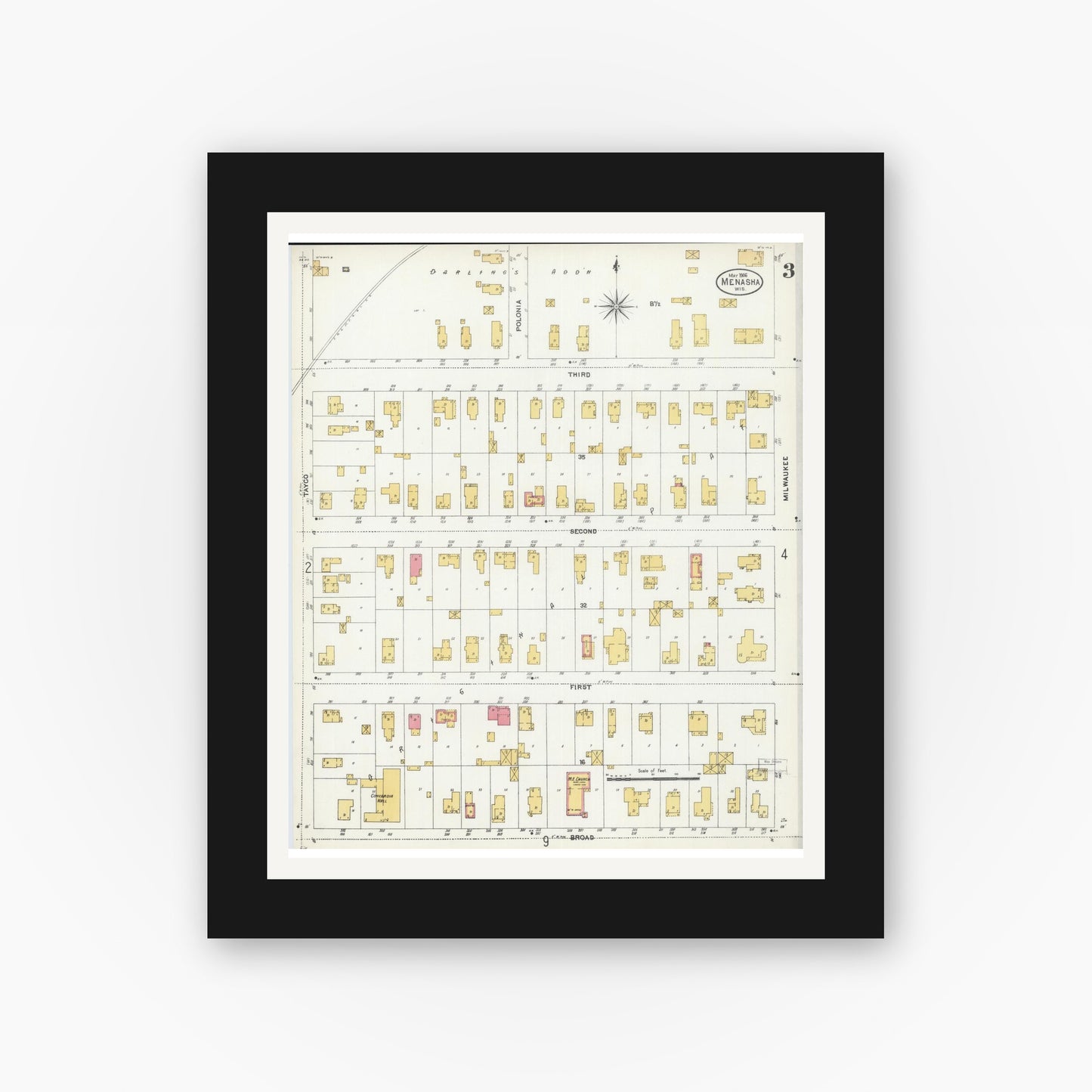 Old map wall art mockup — black gallery frame with white mat — Sanborn Fire Insurance Map from Menasha, Winnebago County, Wisconsin (1906), Sheet #0003