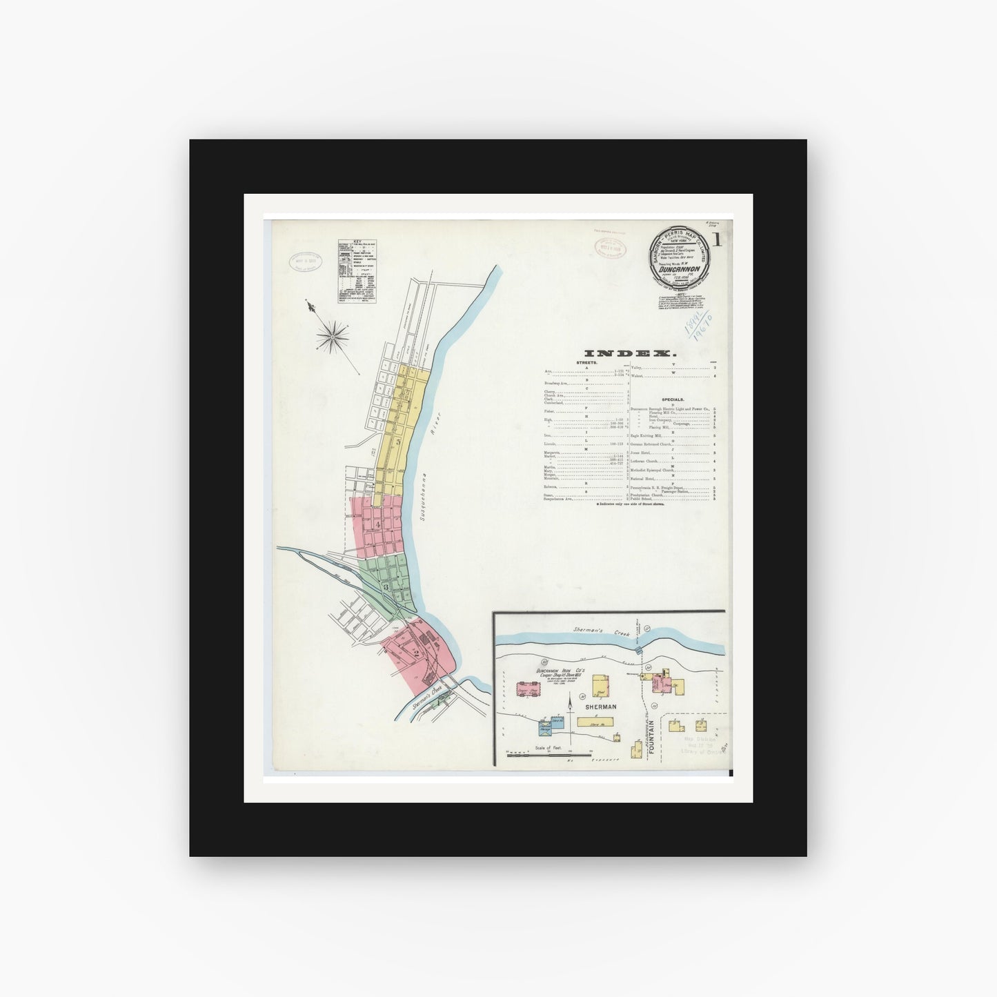 Old map wall art mockup — black gallery frame with white mat — Sanborn Fire Insurance Map from Duncannon, Perry County, Pennsylvania (1899) - Complete Map Set