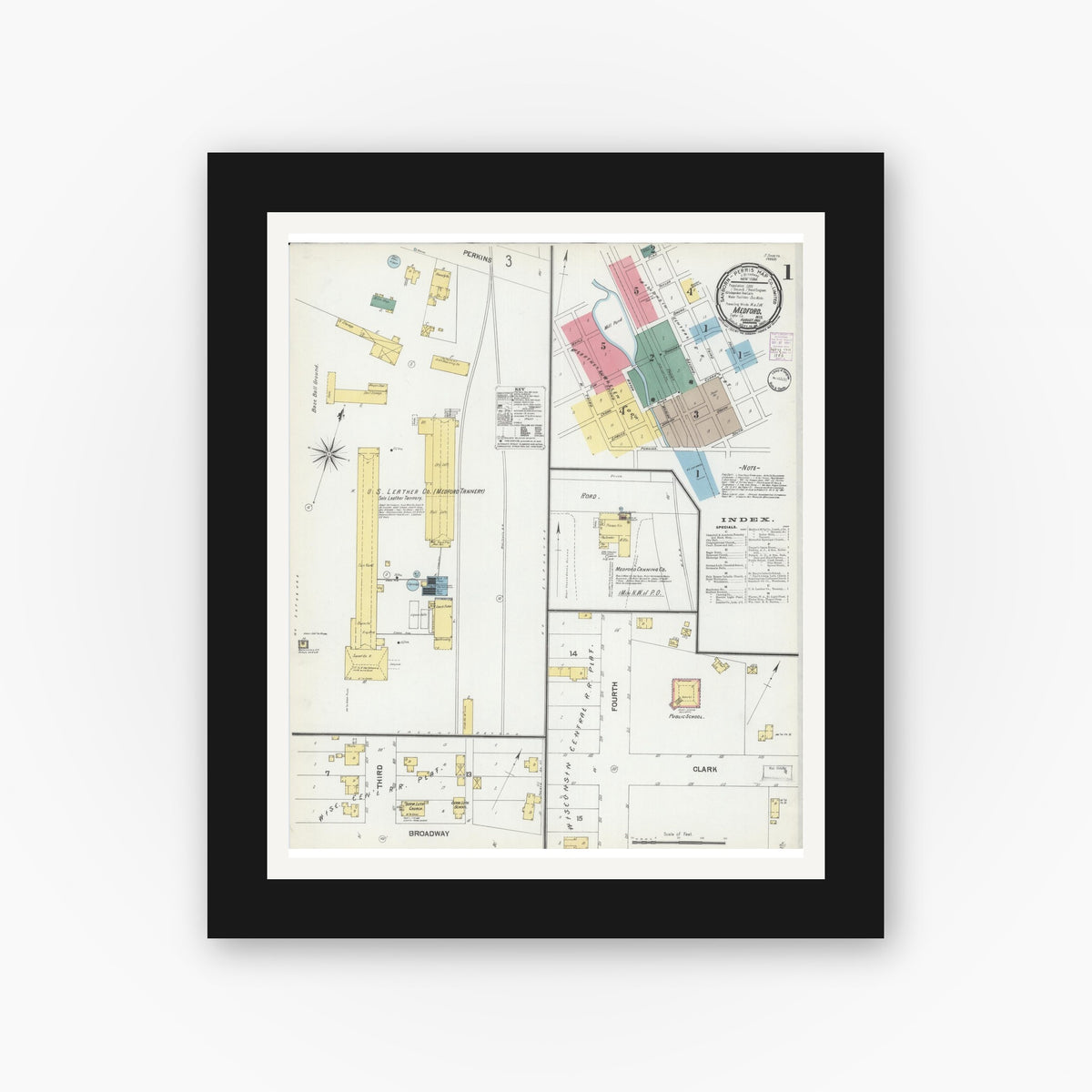 Old map wall art mockup — black gallery frame with white mat — Sanborn Fire Insurance Map from Medford, Taylor County, Wisconsin (1901), Sheet #0001
