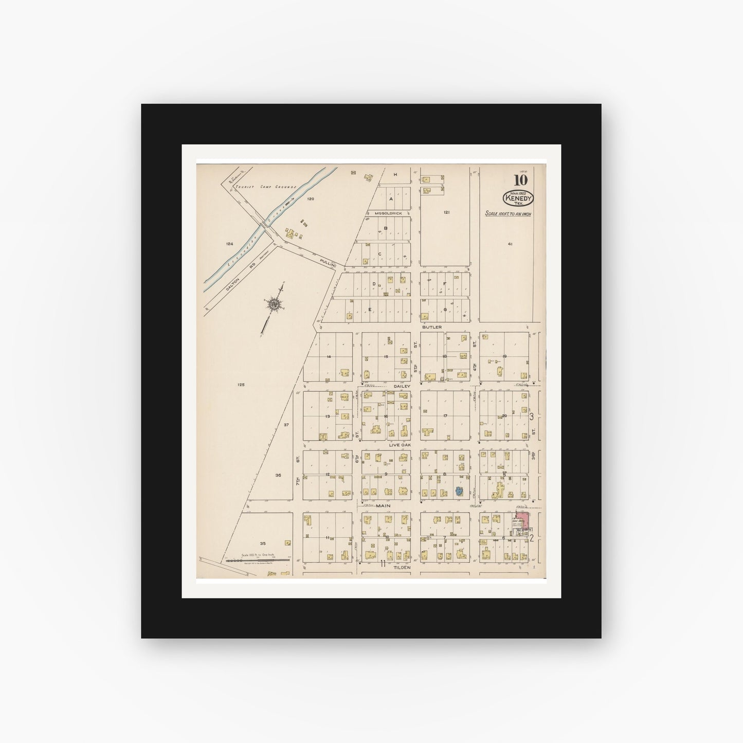 Old map wall art mockup — black gallery frame with white mat — Sanborn Fire Insurance Map from Kenedy, Karnes County, Texas (1922), Sheet #0010