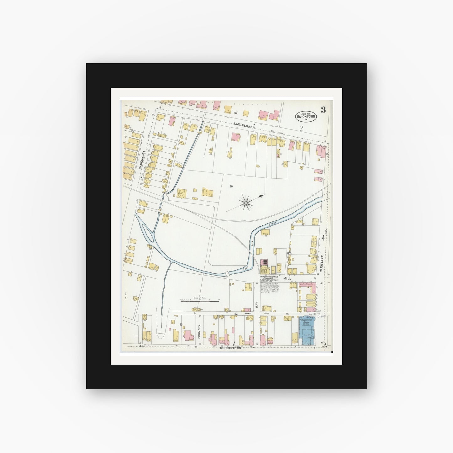 Old map wall art mockup — black gallery frame with white mat — Sanborn Fire Insurance Map from Uniontown, Fayette County, Pennsylvania (1901), Sheet #0003
