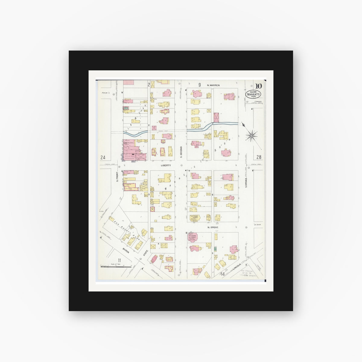 Old map wall art mockup — black gallery frame with white mat — Sanborn Fire Insurance Map from Mankato, Blue Earth County, Minnesota (1908), Sheet #0010