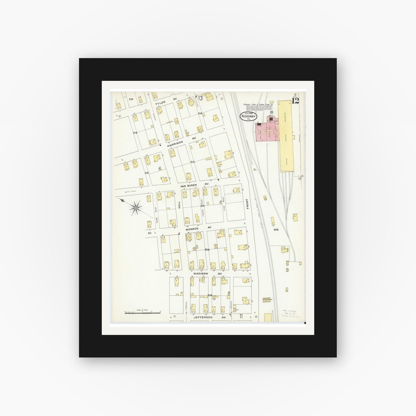 Old map wall art mockup — black gallery frame with white mat — Sanborn Fire Insurance Map from Ridgway, Elk County, Pennsylvania (1909), Sheet #0012