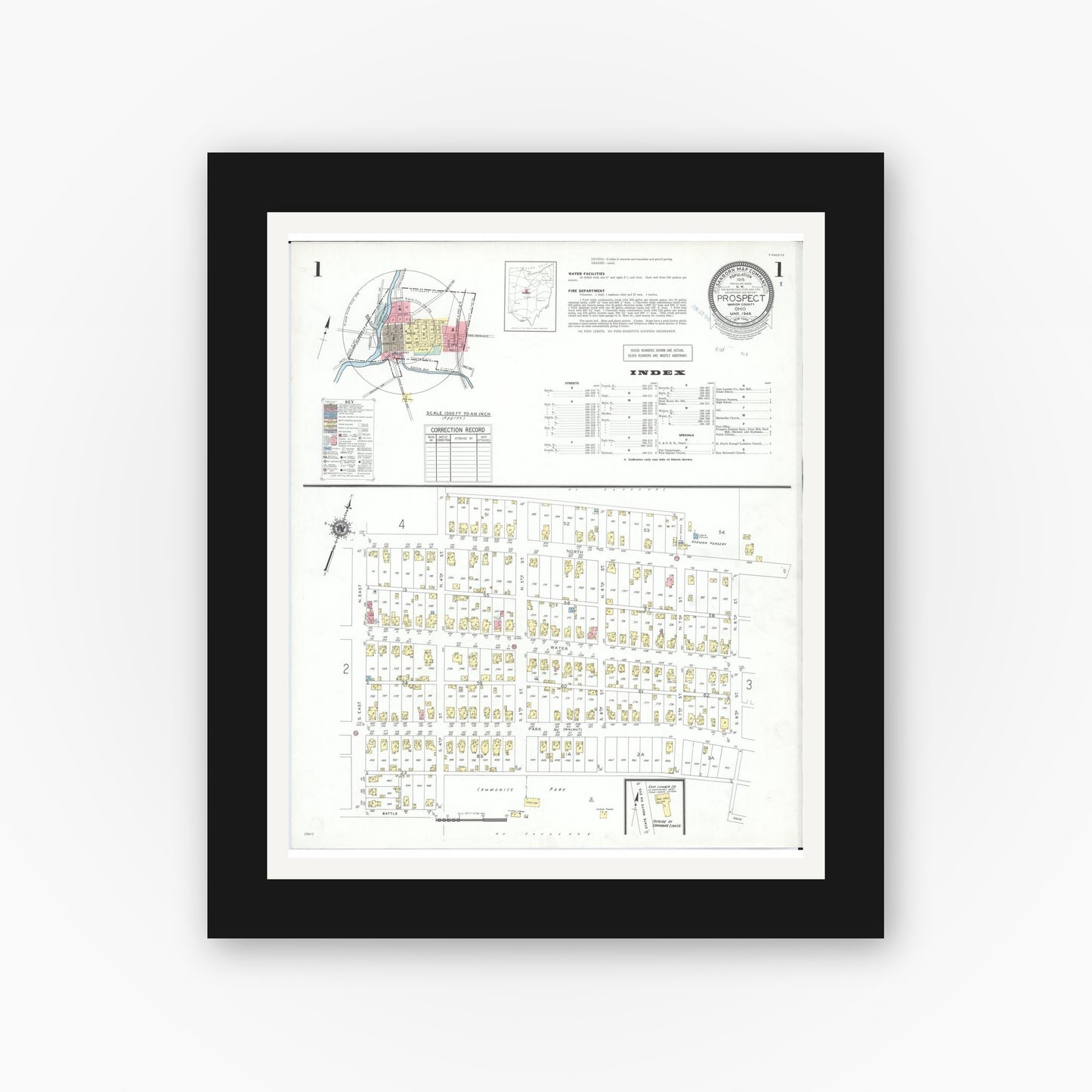 Old map wall art mockup — black gallery frame with white mat — Sanborn Fire Insurance Map from Prospect, Marion County, Ohio (1946) - Complete Map Set