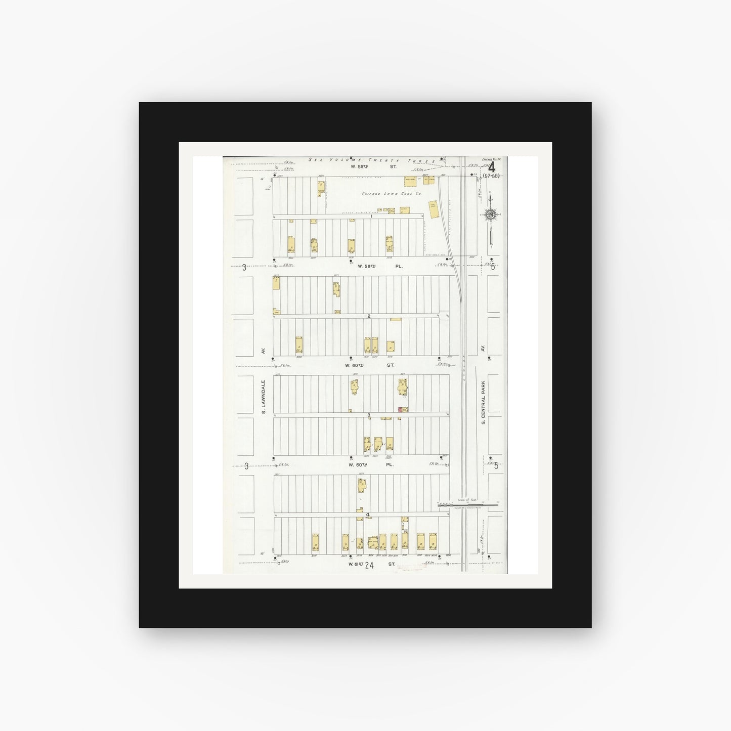 Old map wall art mockup — black gallery frame with white mat — Sanborn Fire Insurance Map from Chicago, Cook County, Illinois (1920), Sheet #0004